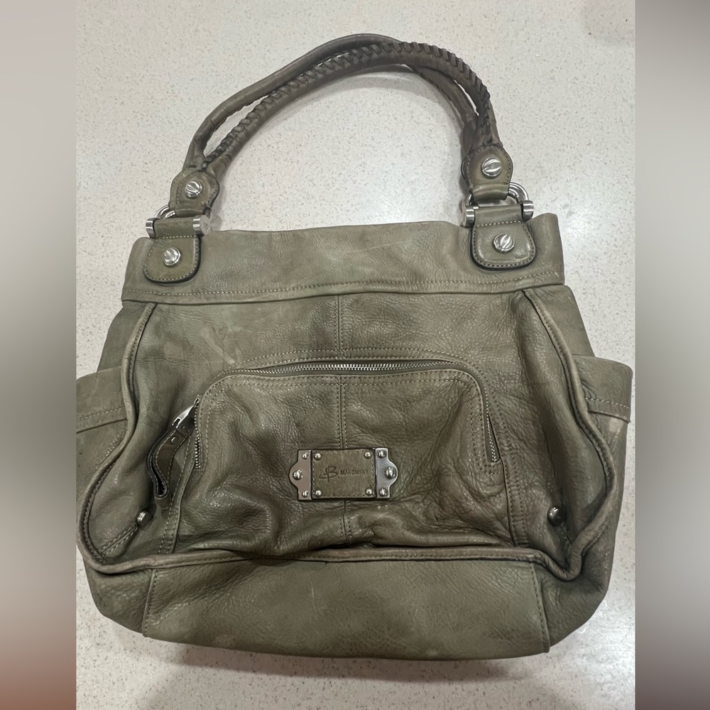 B Makowsky Olive Green Leather Tote Bag